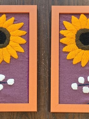 Hand-Embroidered Sunflower Wall Art Pair — Orange Frame, Purple Background